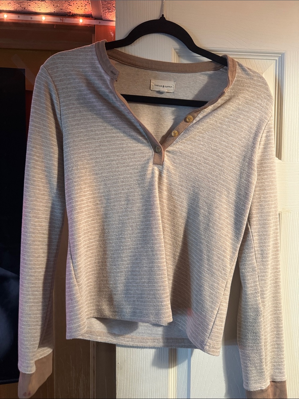 Thread & Supply Beige Striped Long-Sleeve Henley Top (light nail polish stain)